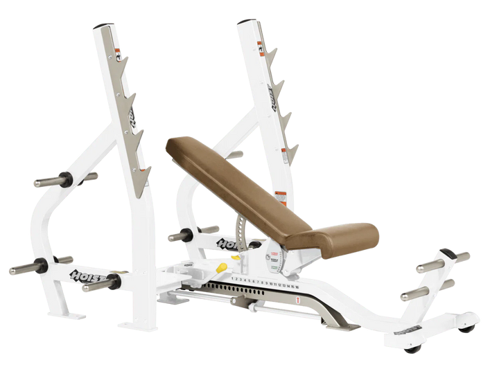 Wheat White HOIST 3-way Olympic bench with adjustable incline decline back pad and barbell rack supports for commercial gym use