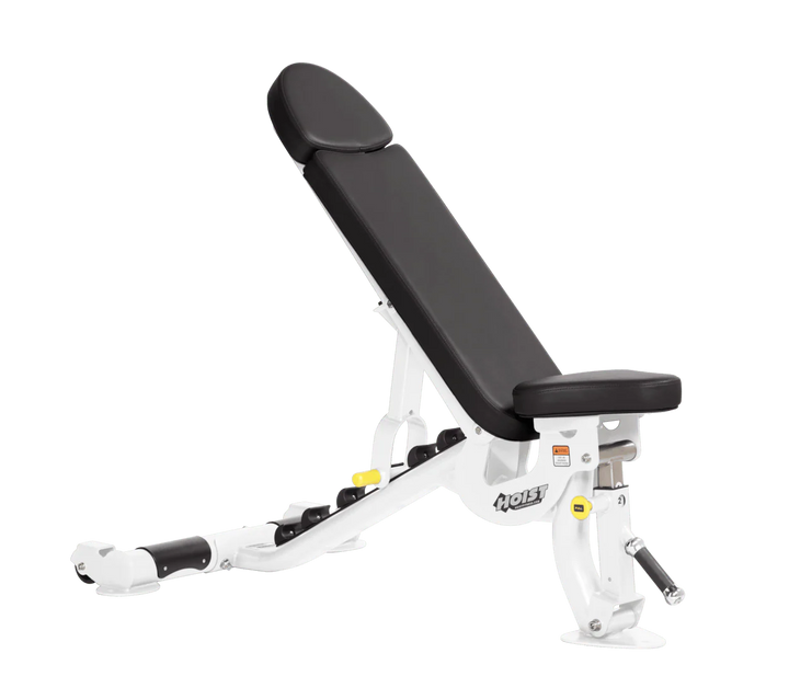 Hoist commercial flat incline adjustable weight bench with White black padding and steel frame for gym strength training