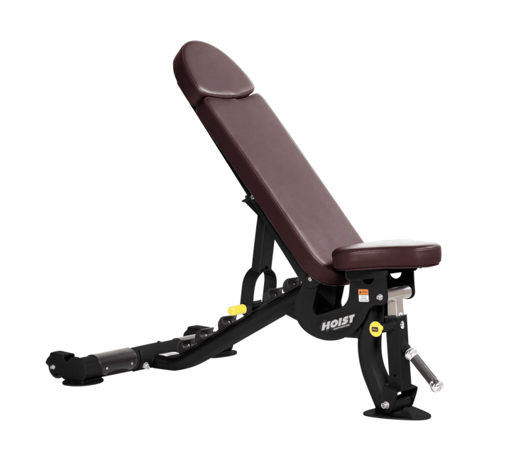 Hoist commercial flat incline adjustable weight bench with burgundy padding and steel frame for gym strength training