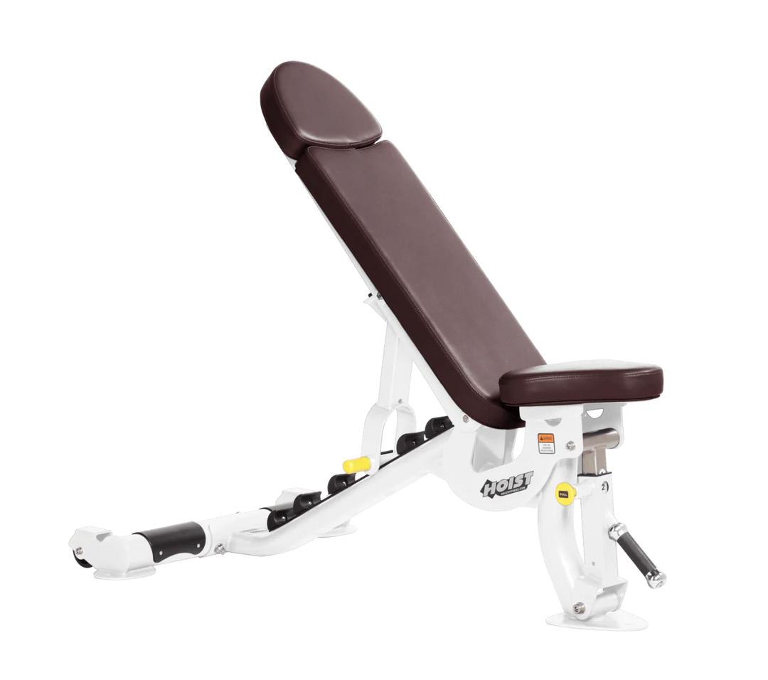 Hoist commercial flat incline adjustable weight bench with White burgundy padding and steel frame for gym strength training