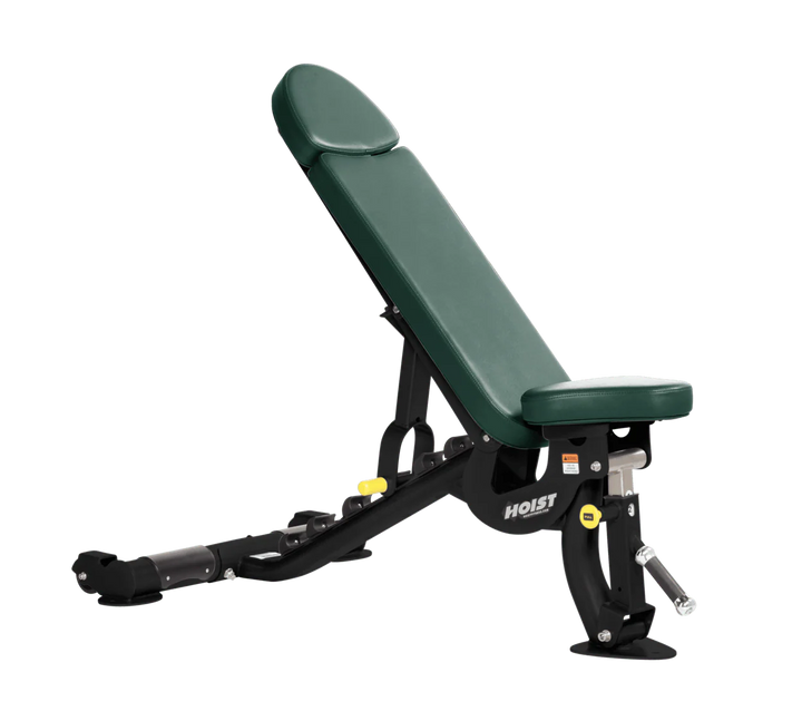 Hoist commercial flat incline adjustable weight bench with hunter green padding and steel frame for gym strength training
