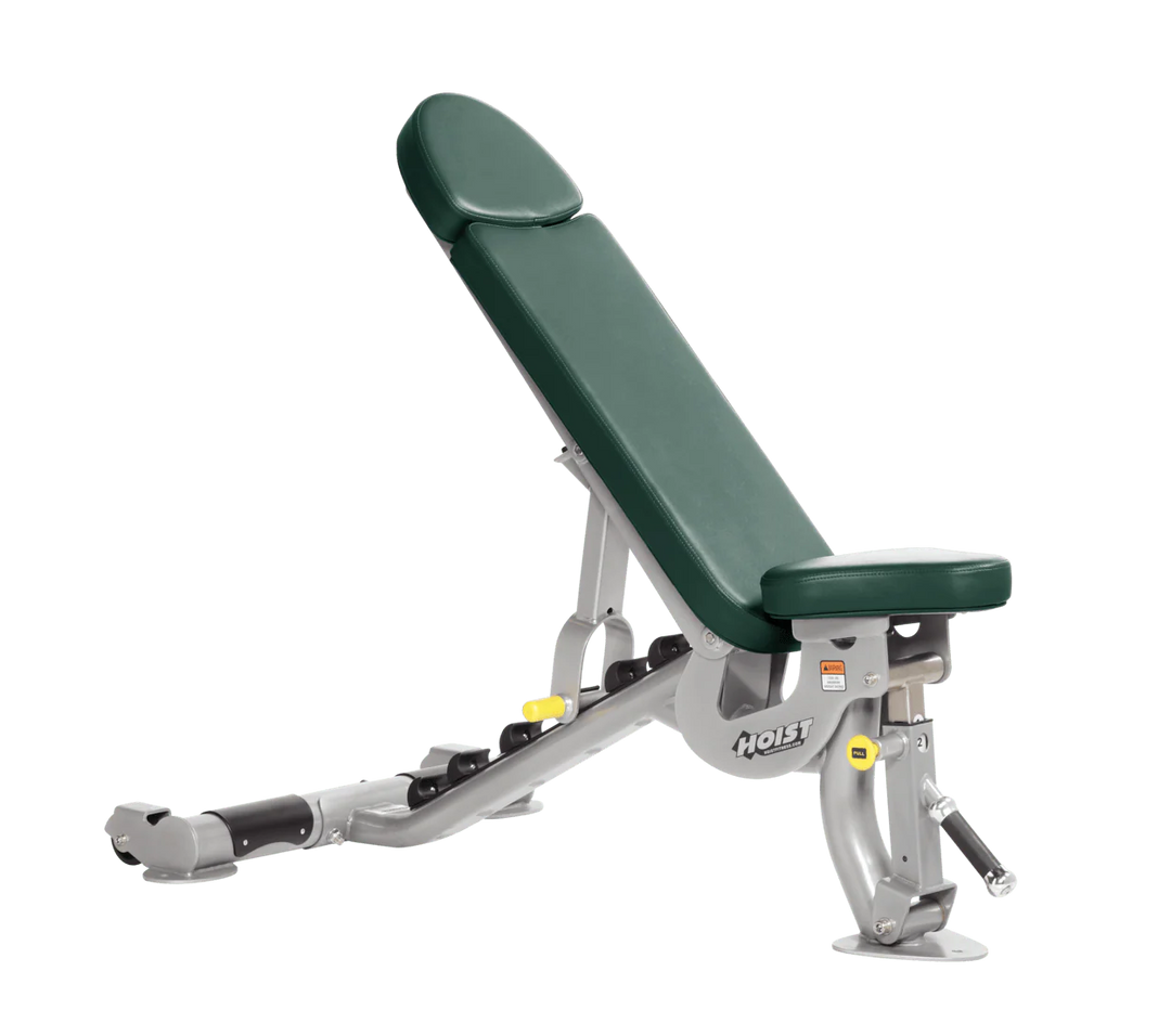 Hoist commercial flat incline adjustable weight bench with Platinum hunter green padding and steel frame for gym strength training