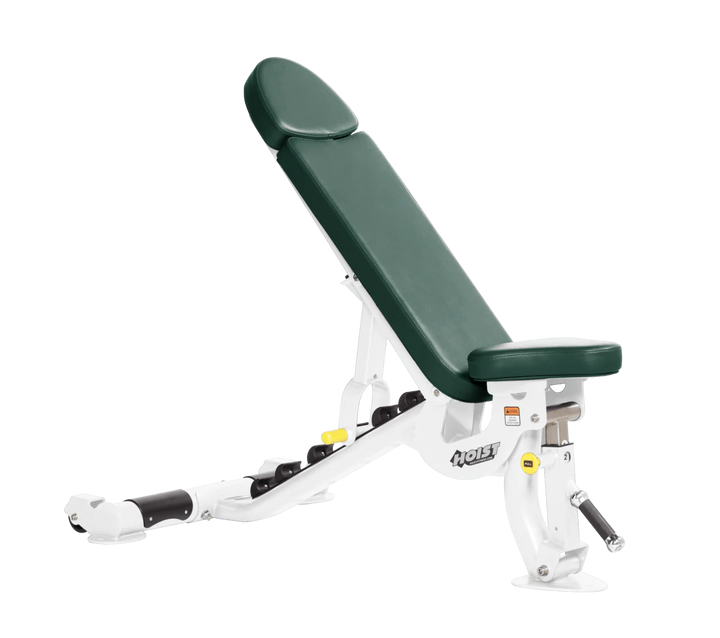 Hoist commercial flat incline adjustable weight bench with White hunter green padding and steel frame for gym strength training