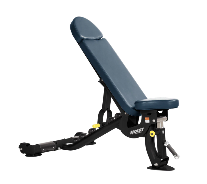Hoist commercial flat incline adjustable weight bench with navy blue padding and steel frame for gym strength training