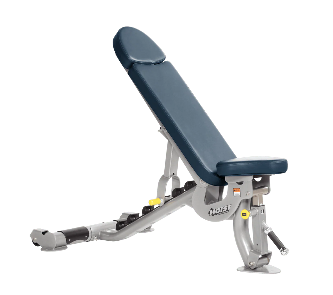 Hoist commercial flat incline adjustable weight bench with Platinum navy blue padding and steel frame for gym strength training