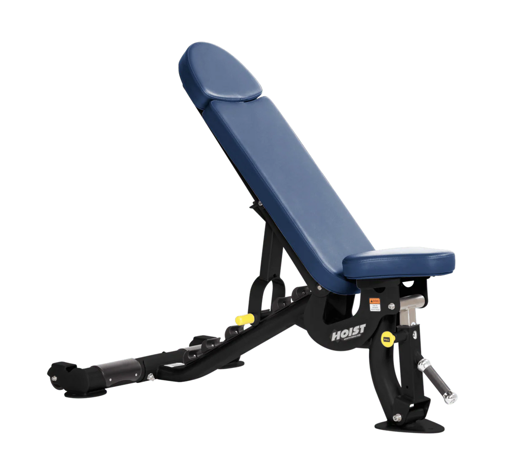 Hoist commercial flat incline adjustable weight bench with royal blue padding and steel frame for gym strength training