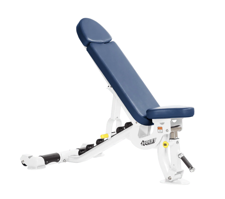 Hoist commercial flat incline adjustable weight bench with White royal blue padding and steel frame for gym strength training