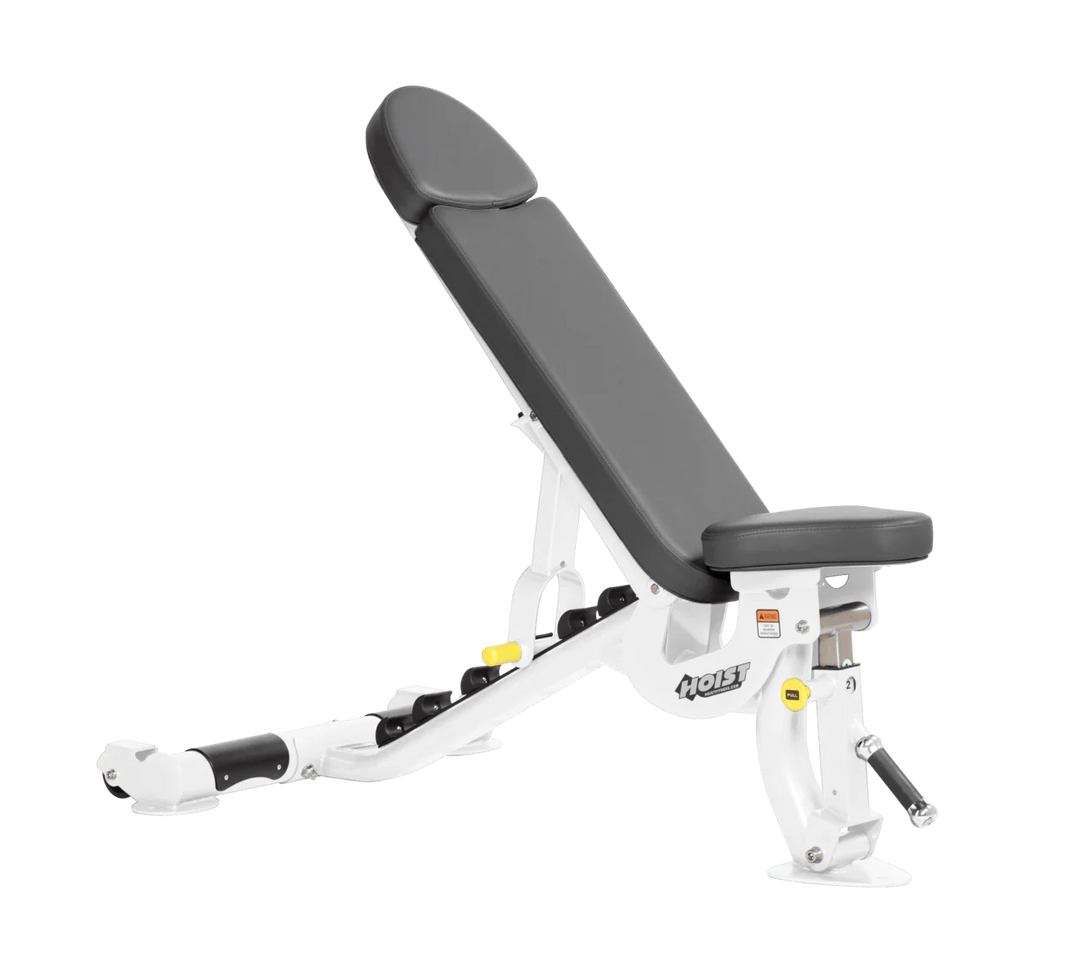 Hoist commercial flat incline adjustable weight bench with White slate grey padding and steel frame for gym strength training