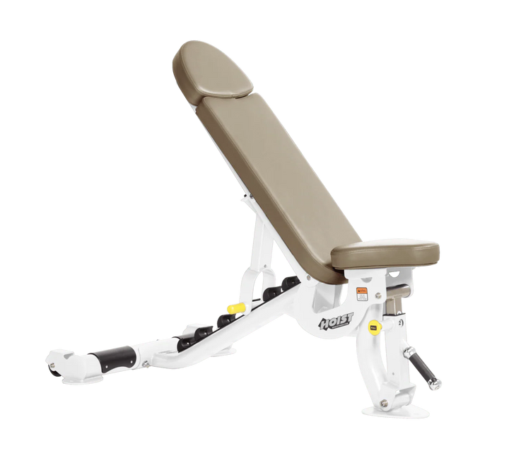 Hoist commercial flat incline adjustable weight bench with White suede padding and steel frame for gym strength training