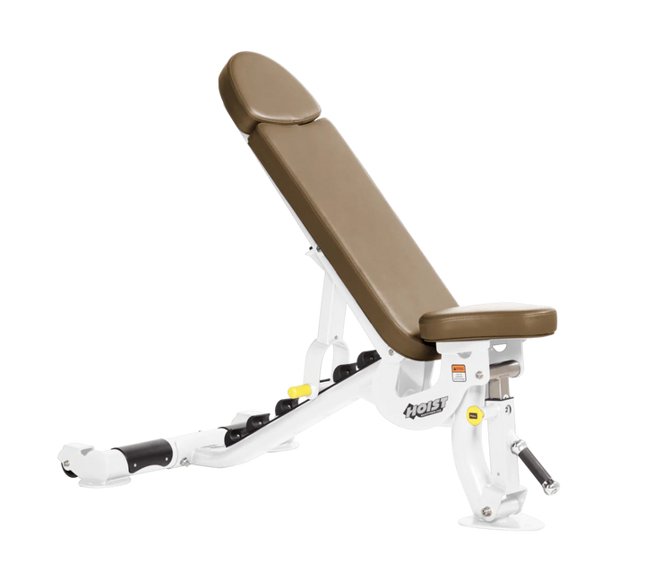 Hoist commercial flat incline adjustable weight bench with White wheat padding and steel frame for gym strength training