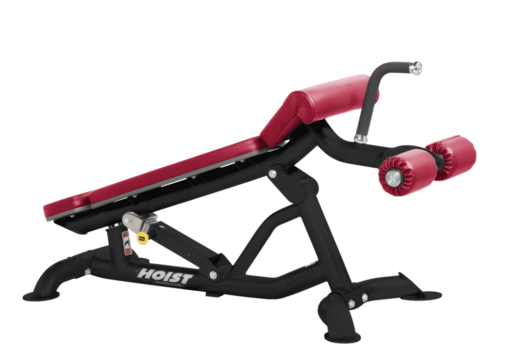 Hoist super flat decline bench with leg hold-down rollers and american beauty padded seat for strength training exercises