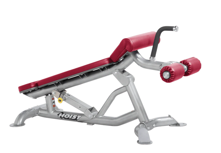 Hoist super flat decline bench with leg hold-down rollers and platinum american beauty padded seat for strength training exercises