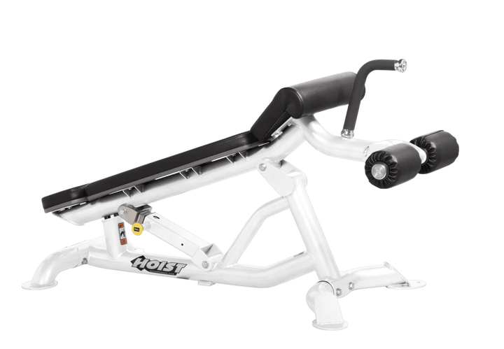 Hoist super flat decline bench with leg hold-down rollers and white black padded seat for strength training exercises