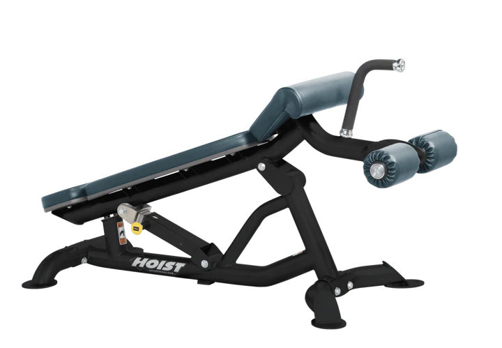Hoist super flat decline bench with leg hold-down rollers and bleu ridge padded seat for strength training exercises
