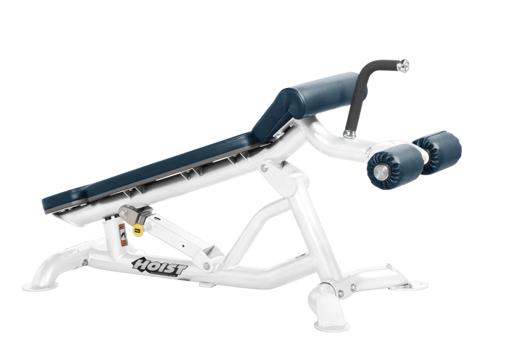 Hoist super flat decline bench with leg hold-down rollers and white navy blue padded seat for strength training exercises