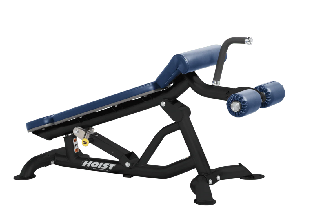Hoist super flat decline bench with leg hold-down rollers and royal blue padded seat for strength training exercises
