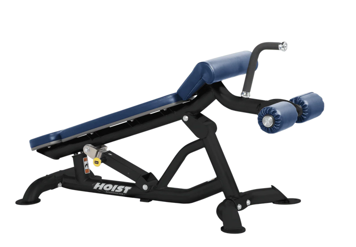 Hoist super flat decline bench with leg hold-down rollers and royal blue padded seat for strength training exercises