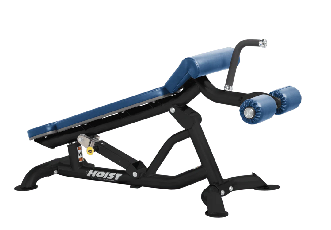 Hoist super flat decline bench with leg hold-down rollers and sky blue padded seat for strength training exercises