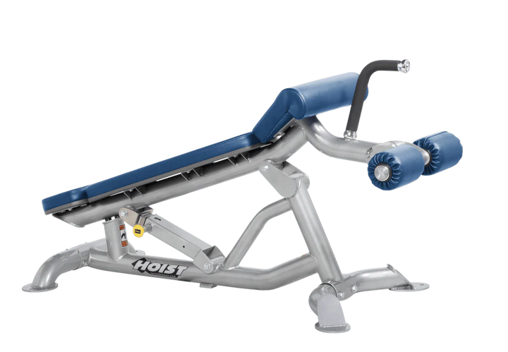 Hoist super flat decline bench with leg hold-down rollers and platinum sky blue padded seat for strength training exercises