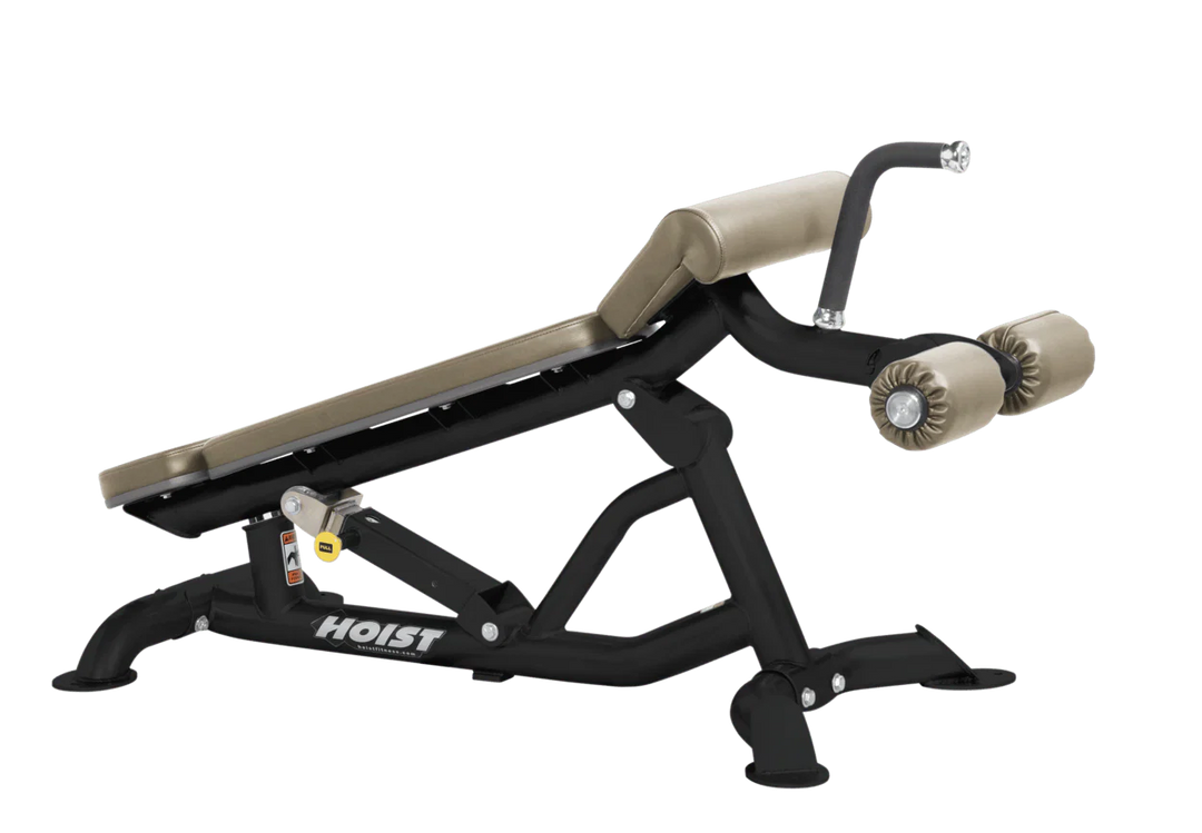 Hoist super flat decline bench with leg hold-down rollers and suede padded seat for strength training exercises