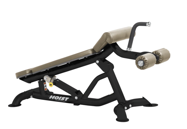 Hoist super flat decline bench with leg hold-down rollers and suede padded seat for strength training exercises
