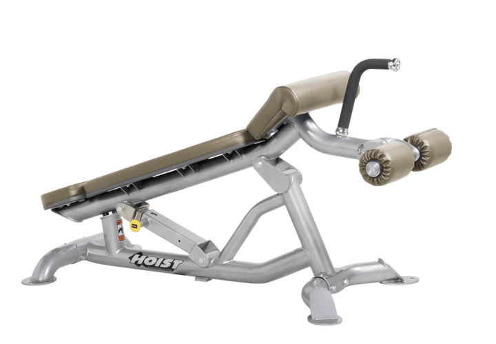 Hoist super flat decline bench with leg hold-down rollers and platinum suede padded seat for strength training exercises