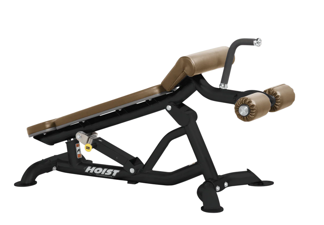 Hoist super flat decline bench with leg hold-down rollers and wheat padded seat for strength training exercises