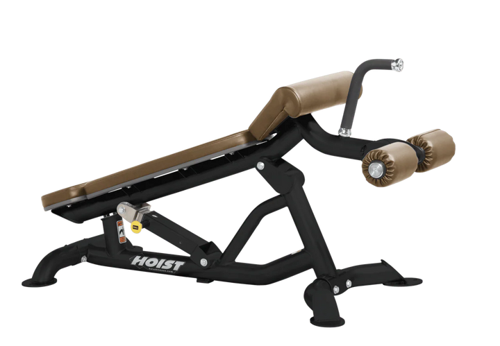 Hoist super flat decline bench with leg hold-down rollers and wheat padded seat for strength training exercises