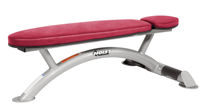 Hoist commercial flat bench with platinum american beauty padding and curved steel frame for weightlifting and strength training