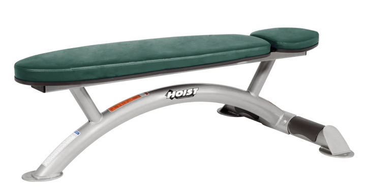 Hoist commercial flat bench with platinum hunter green padding and curved steel frame for weightlifting and strength training