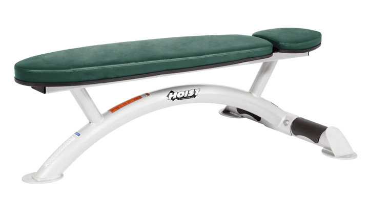 Hoist commercial flat bench with white hunter green padding and curved steel frame for weightlifting and strength training