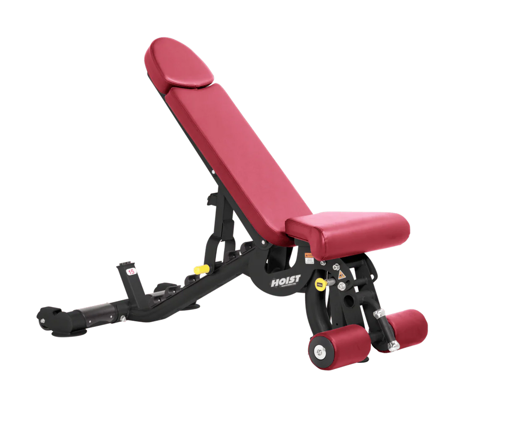 Hoist american beauty commercial adjustable bench with flat, incline, and decline positions for versatile strength training workouts