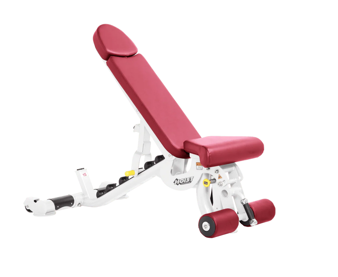 Hoist white american beauty commercial adjustable bench with flat, incline, and decline positions for versatile strength training workout