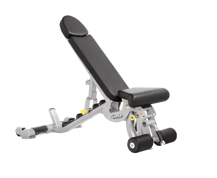 Hoist platinum black commercial adjustable bench with flat, incline, and decline positions for versatile strength training workouts