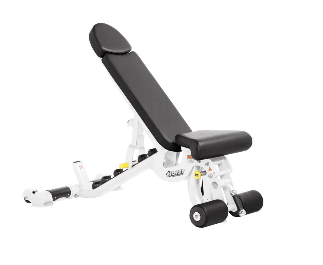 Hoist white black commercial adjustable bench with flat, incline, and decline positions for versatile strength training workouts