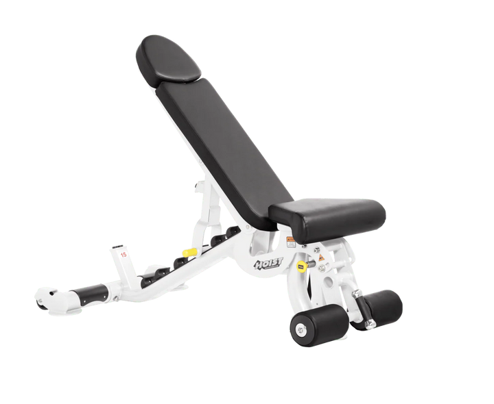 Hoist white black commercial adjustable bench with flat, incline, and decline positions for versatile strength training workouts