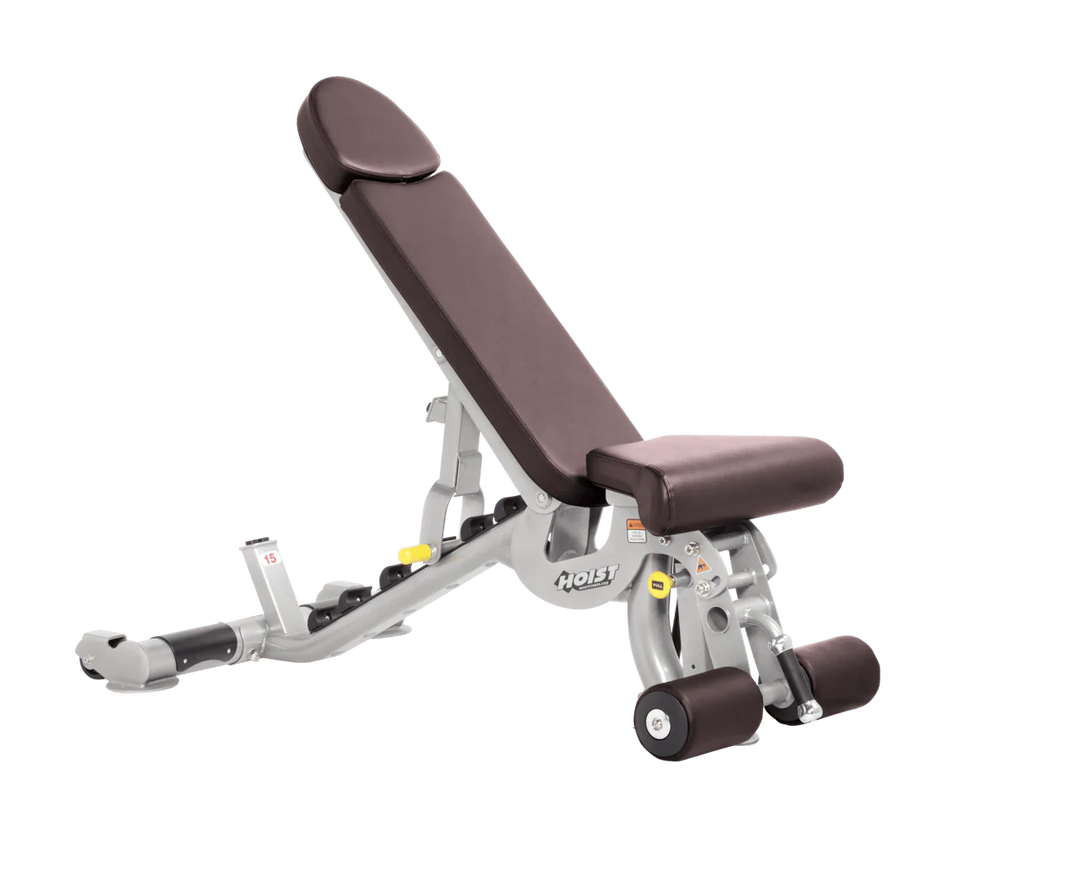 Hoist platinum burgundy commercial adjustable bench with flat, incline, and decline positions for versatile strength training workouts