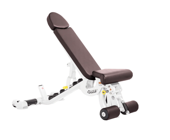 Hoist white burgundy commercial adjustable bench with flat, incline, and decline positions for versatile strength training workouts