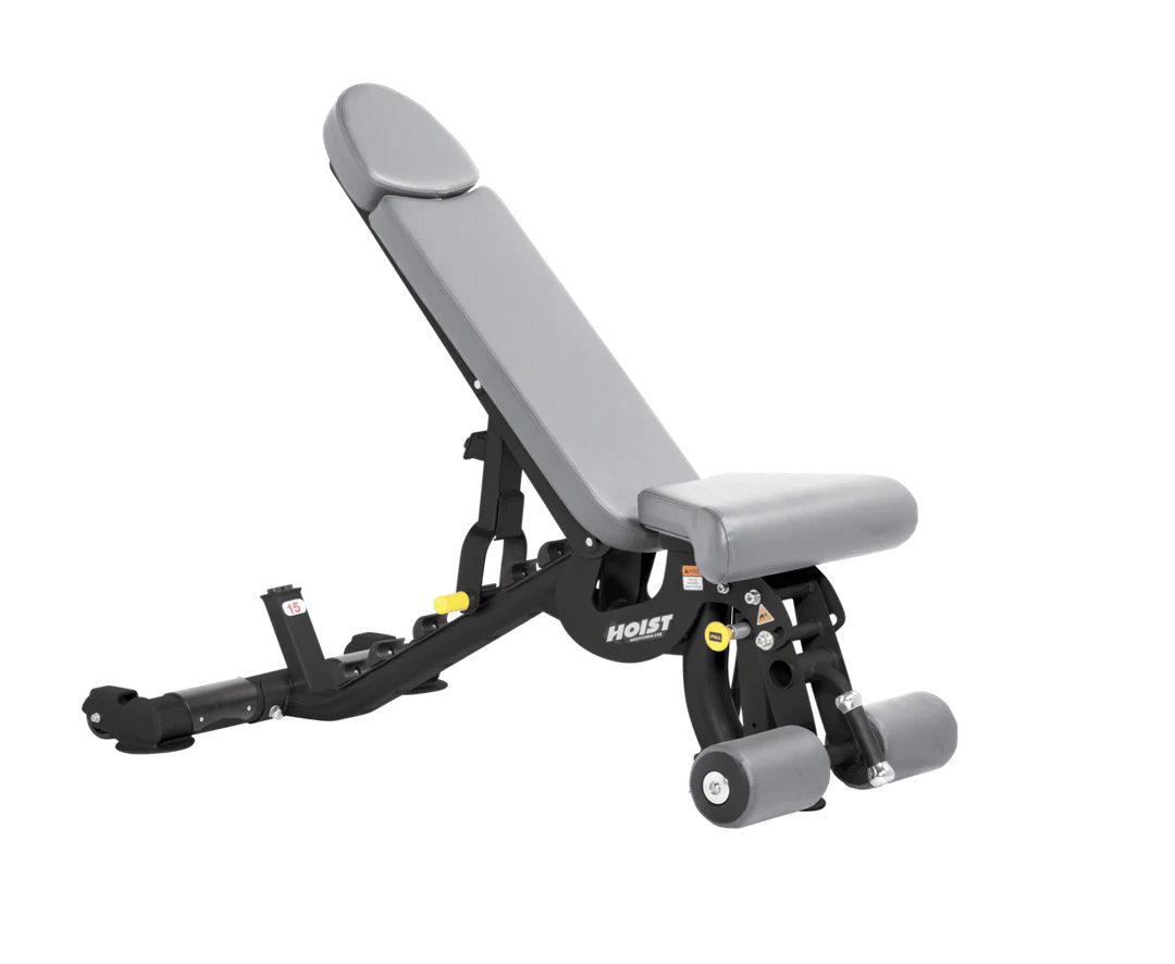 Hoist dove grey commercial adjustable bench with flat, incline, and decline positions for versatile strength training workouts