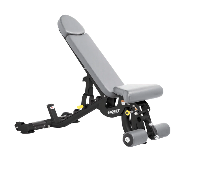 Hoist dove grey commercial adjustable bench with flat, incline, and decline positions for versatile strength training workouts