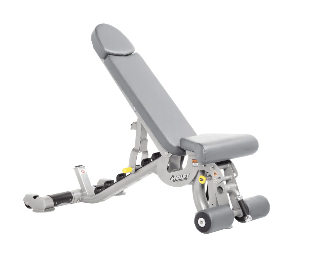 Hoist platinum dove grey commercial adjustable bench with flat, incline, and decline positions for versatile strength training workouts