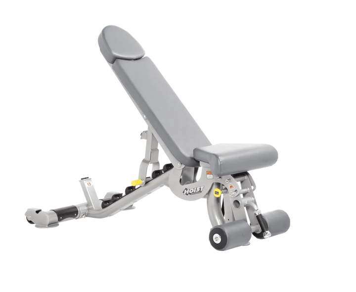 Hoist platinum dove grey commercial adjustable bench with flat, incline, and decline positions for versatile strength training workouts