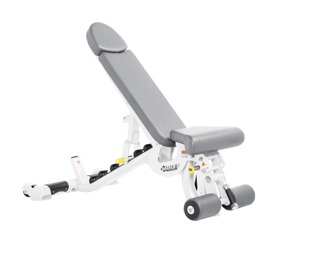 Hoist white dove grey commercial adjustable bench with flat, incline, and decline positions for versatile strength training workouts
