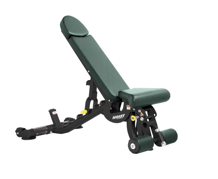 Hoist hunter green commercial adjustable bench with flat, incline, and decline positions for versatile strength training workouts