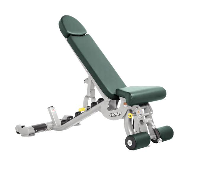 Hoist platinum hunter green commercial adjustable bench with flat, incline, and decline positions for versatile strength training workouts