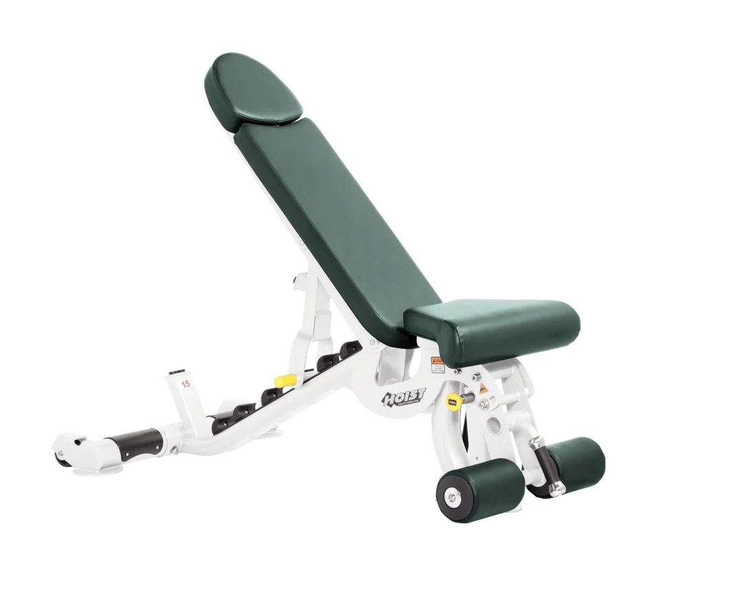 Hoist white hunter green commercial adjustable bench with flat, incline, and decline positions for versatile strength training workouts