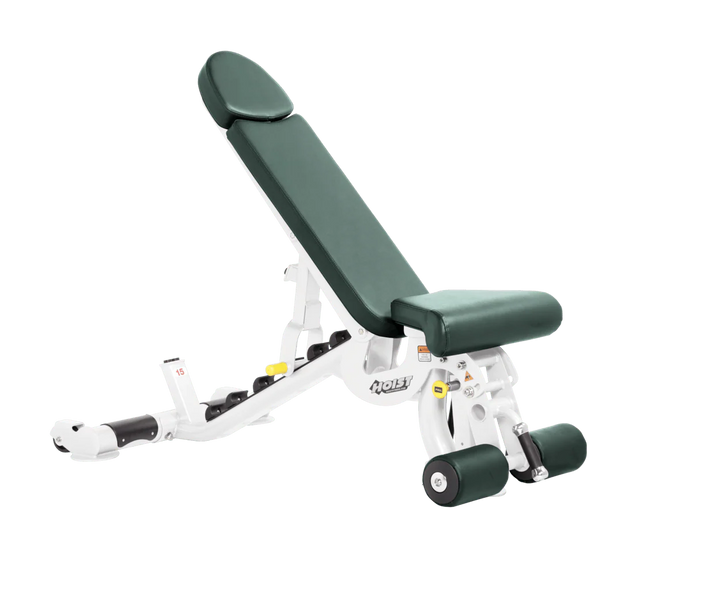Hoist white hunter green commercial adjustable bench with flat, incline, and decline positions for versatile strength training workouts