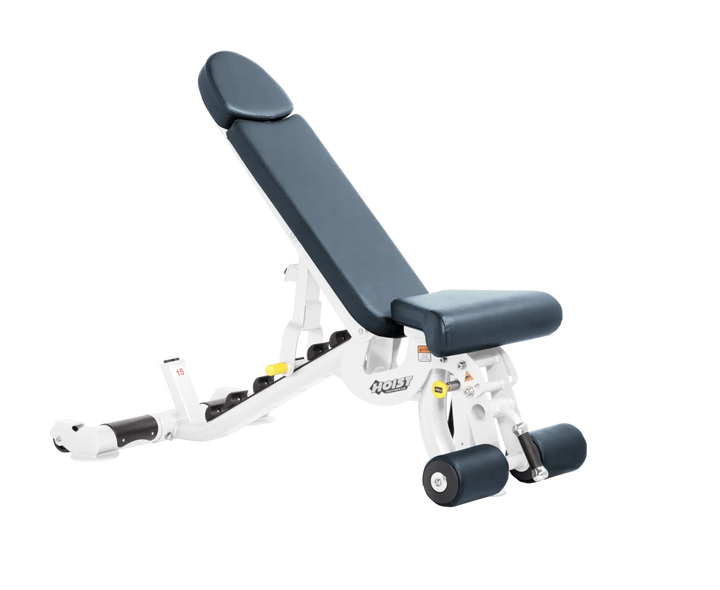 Hoist white navy blue commercial adjustable bench with flat, incline, and decline positions for versatile strength training workouts