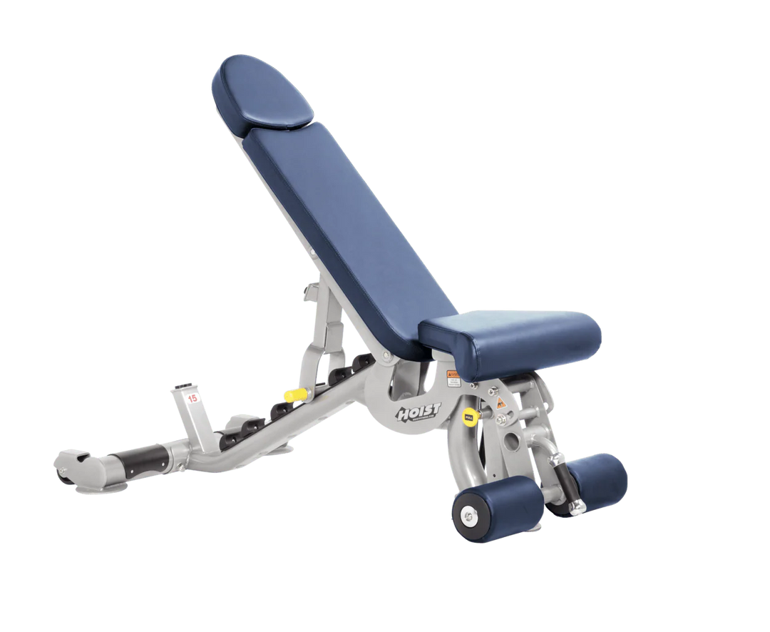 Hoist platinum royal blue commercial adjustable bench with flat, incline, and decline positions for versatile strength training workouts