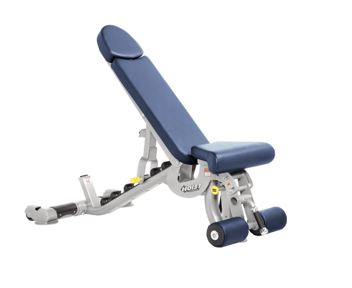 Hoist platinum royal blue commercial adjustable bench with flat, incline, and decline positions for versatile strength training workouts
